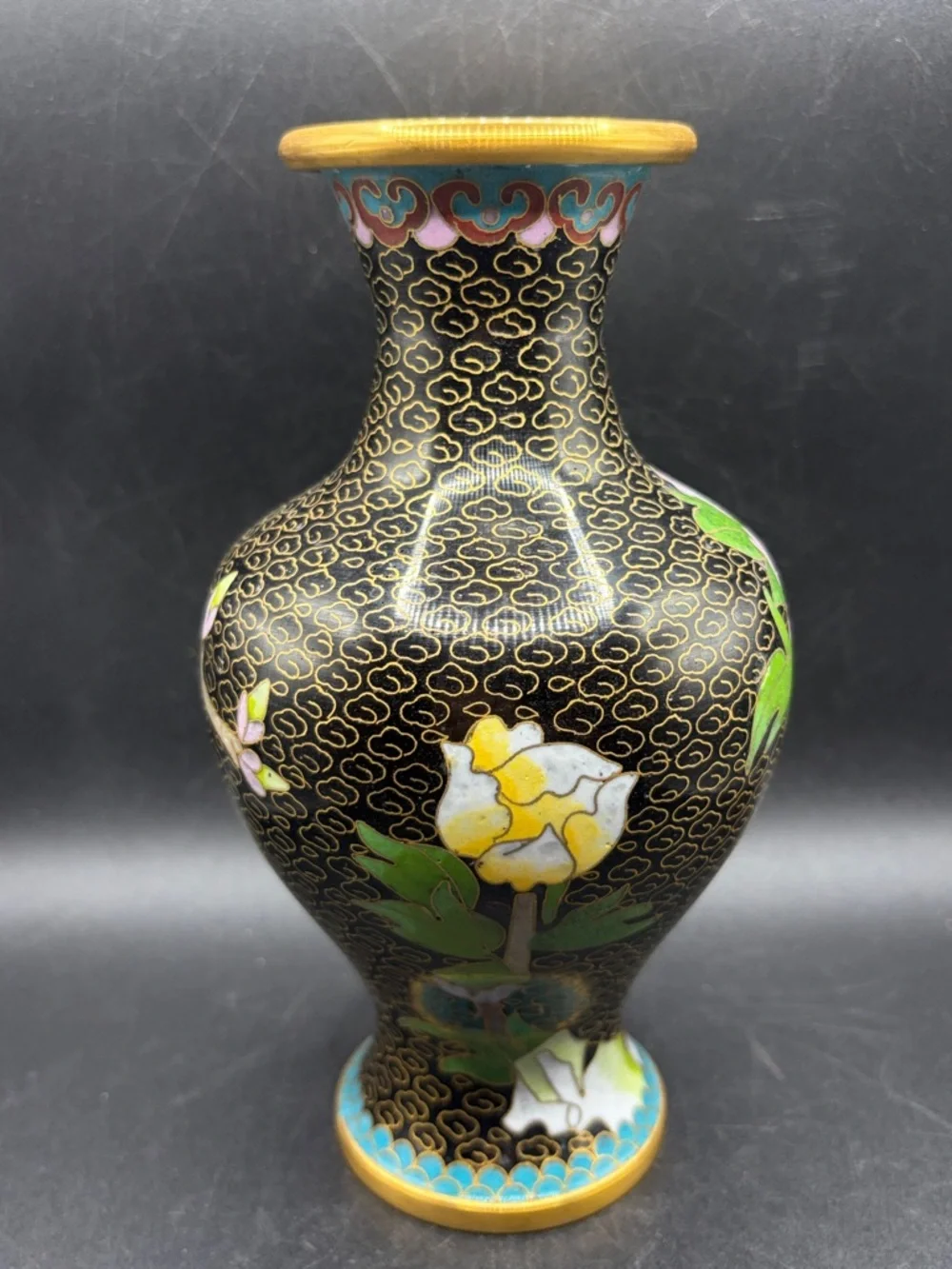 Vintage Floral Bird Black Multicolor Cloisonné Vase Vessel Asian Arts Decor - Picture 4 of 9